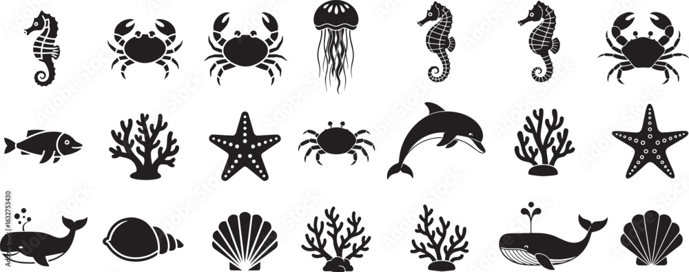 Naklejka premium Vector art of collection of marine life icons including seahorses, crabs, jellyfish, fish, starfish, dolphins, whales, shells, and coral isolated on white background
