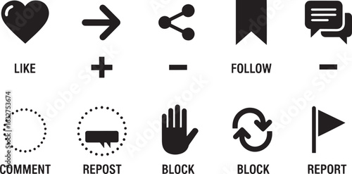 Vector art of social media interaction icons including like, share, comment, follow, block, and report isolated on white background