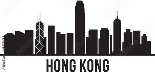 Detailed Hong Kong Skyline Silhouette Vector Illustration with City Name Below for Design Projects