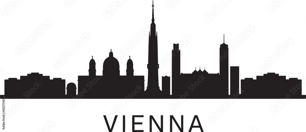 Fototapeta premium Detailed Silhouette of Vienna Austria Skyline Vector Illustration with City Name Below Design