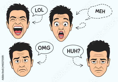 A collection of a man's facial expressions representing a range of emotions from joy and shock to sadness and weariness, with common internet slang.