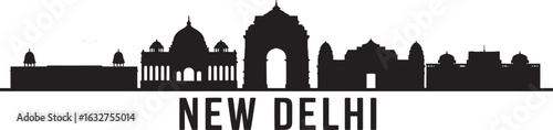 New Delhi India Skyline Silhouette Vector Illustration with Cityscape Buildings