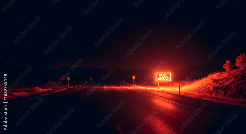 Fototapeta premium Illuminated Fuel Ahead Sign Along Empty Asphalt Road at Night Landscape