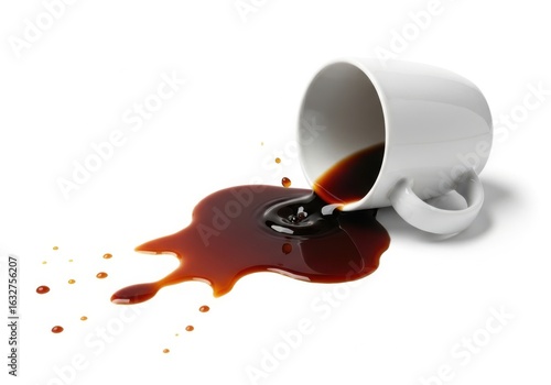 White coffee cup spilling hot coffee on a white background