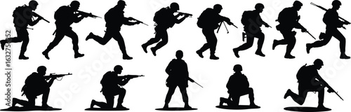 Soldier silhouette vector set, eleven tactical poses, weapon stance variation, running aiming kneeling actions, military combat movement graphic illustration