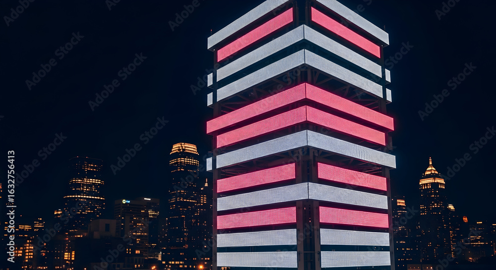 Obraz premium Illuminated Modern Metropolis Architecture at Night With Geometric Displays