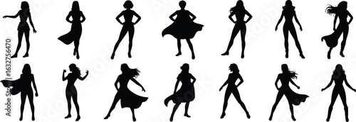 Superhero female silhouette vector set, twelve dynamic poses, cape action stance, powerful woman figure, character design illustration, heroic fashion graphic