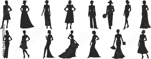 Fashion silhouette vector set, sixteen female poses, dress and gown styles, pantsuit variation, handbag and hat accessory, clothing design illustration