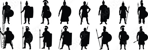 Ancient warrior silhouette vector set, sixteen poses, spear and shield design, helmet variation, historical soldier graphic, military illustration element