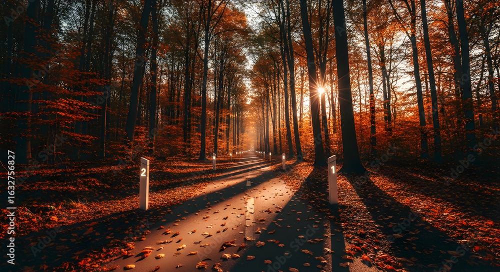 Fototapeta premium Illuminated Pathway Through Autumnal Forest at Sunset for Tranquil Escapes