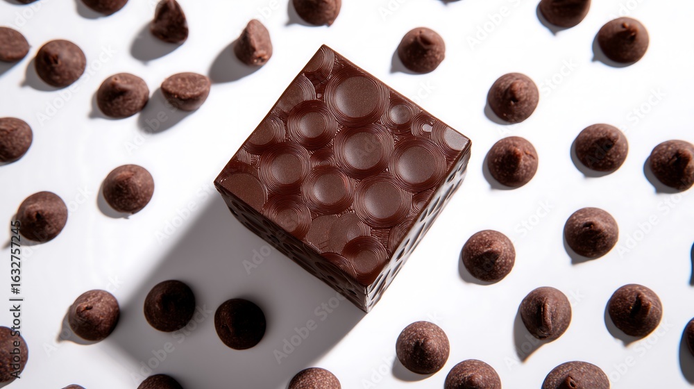 Fototapeta premium Gourmet Dark Chocolate Cube with Chips on White Background
