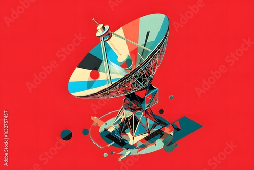 Futuristic satellite dish communication technology abstract geometric red background vector illustration