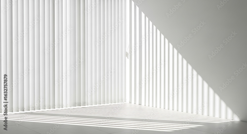 Fototapeta premium Sunlight streams through vertical blinds casting striped shadows across a minimalist white room corner
