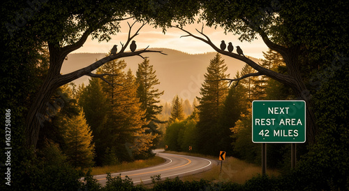 Highway Serenity Birds And The Open Road To A Distant Rest Stop