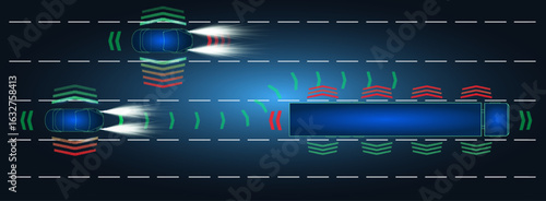 Two vehicles utilizing advanced sensor systems navigate adjacent lanes of a highway at night, illustrating features like lane-keeping and object detection