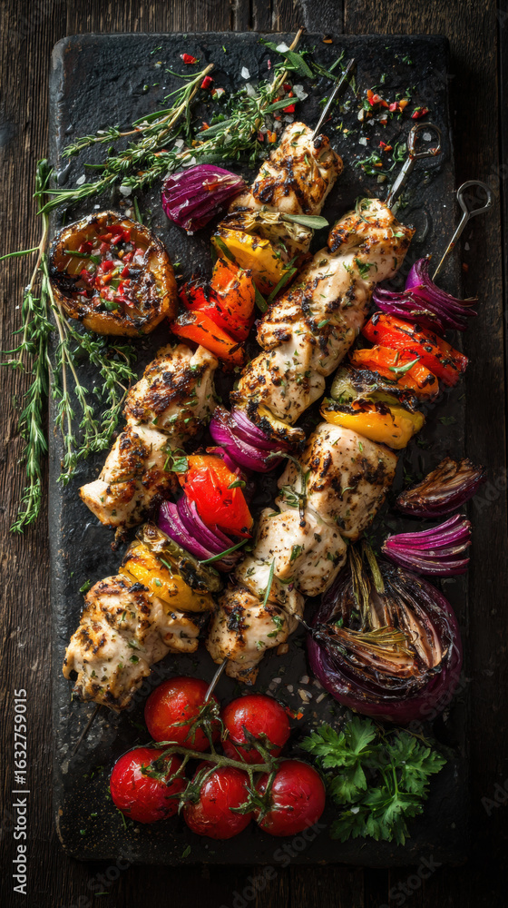 Naklejka premium Chicken kebabs on skewers with grilled vegetables and herbs
