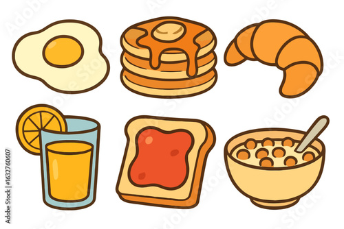 Cartoon breakfast icon set with eggs, pancakes, toast, croissant, cereal and juice. Appetizing flat colors, black outlines and transparent background. Perfect for food apps and menus.