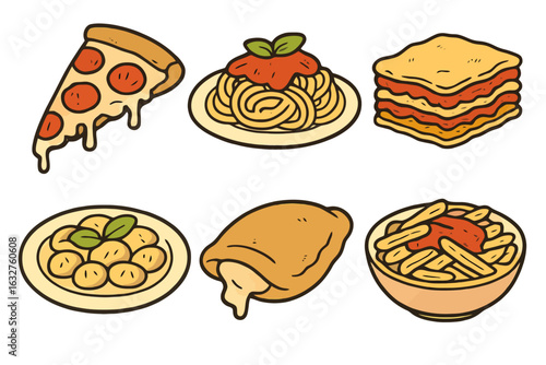 Flat hand-drawn Italian dish icons featuring classic pastas and pizzas with rich appetizing tones. Designed for apps, packaging and food branding with transparent background.