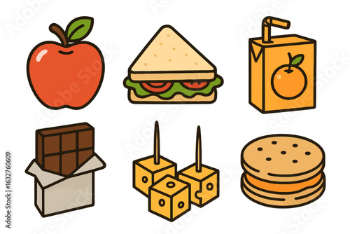 Colorful cartoon snack icon set with school favorites like apple, sandwich, juice, chocolate and crackers. Black outline, vibrant tones and transparent background for food UI and design.