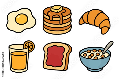 Flat hand-drawn breakfast icons including morning classics like jam toast, sunny eggs and cereal. Warm tones and black outlines. Ideal for UI, cafes and food packaging.

