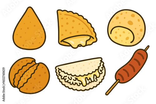 Flat cartoon icon set with typical Brazilian snacks in hand-drawn style. Includes street food classics like pastel, coxinha and tapioca. Great for apps, menus and UI.

