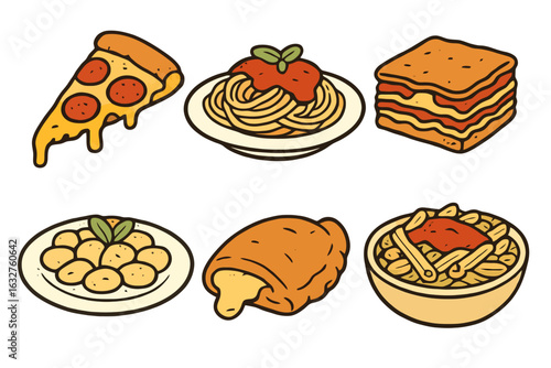 Cartoon Italian food icon set with pizza, lasagna, spaghetti, gnocchi, penne and calzone. Warm tasty colors, black outlines and transparent background. Ideal for UI and menus.