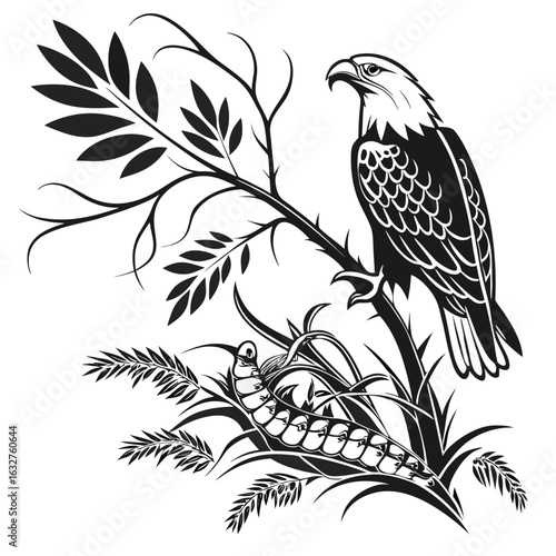 Illustration of an eagle perched on a thorny branch with a caterpillar below in black and white vector art on transparent background