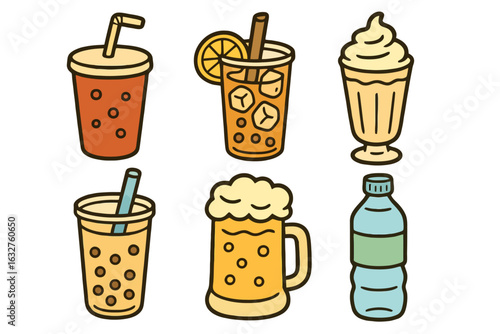 Flat cartoon beverage icons including popular fast food drinks like cola, milkshake and bubble tea. Designed with tasty colors and black outline for mobile and web use.