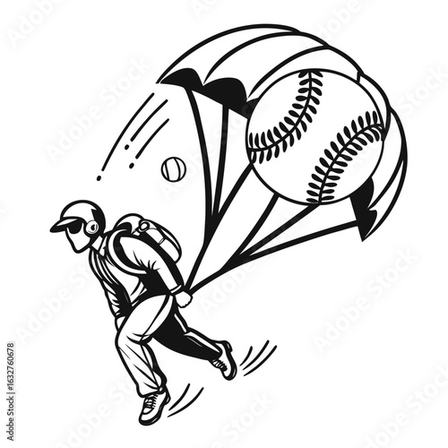 Illustration of a skydiver with a baseball parachute and a small baseball floating above him in black and white on transparent background