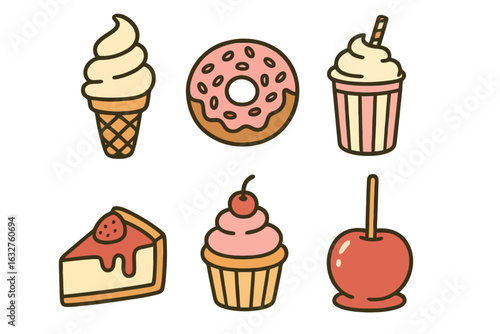 Cartoon dessert icon set with ice cream, donut, milkshake, cheesecake, cupcake and candy apple. Pastel colors, black outlines and transparent background. Great for food UI.