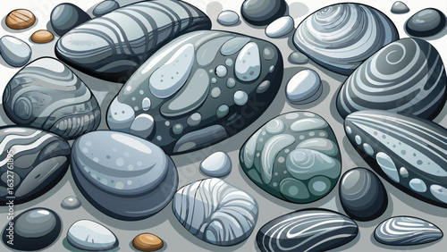 set of various gray natural sea pebble stones