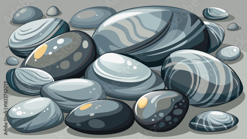 set of various gray natural sea pebble stones