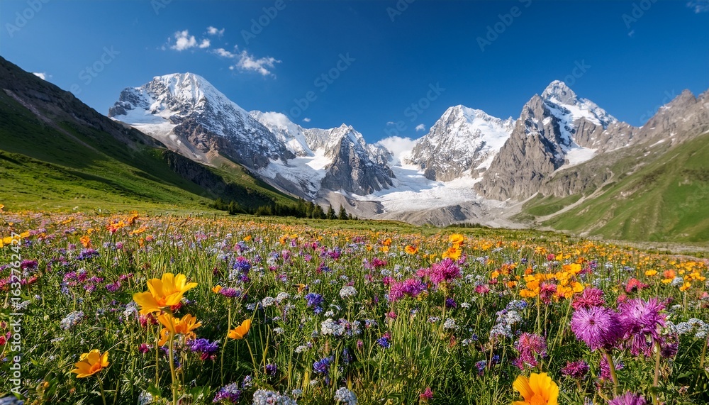 Fototapeta premium a mountain meadow bursts with colorful flowers creating a stunning contrast with the snow capped peaks