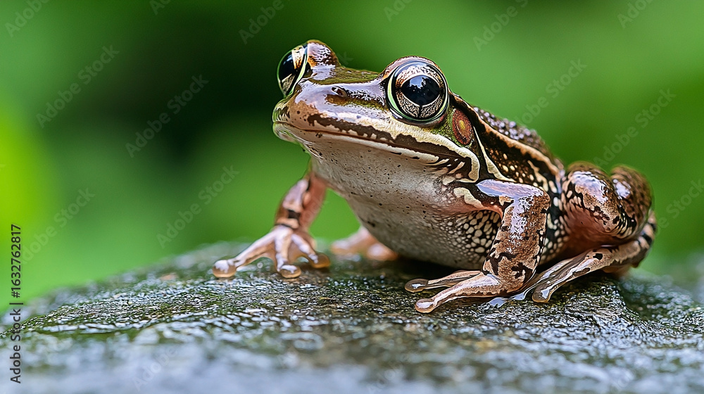 Obraz premium Close-up of a frog perched on a rock amidst lush greenery