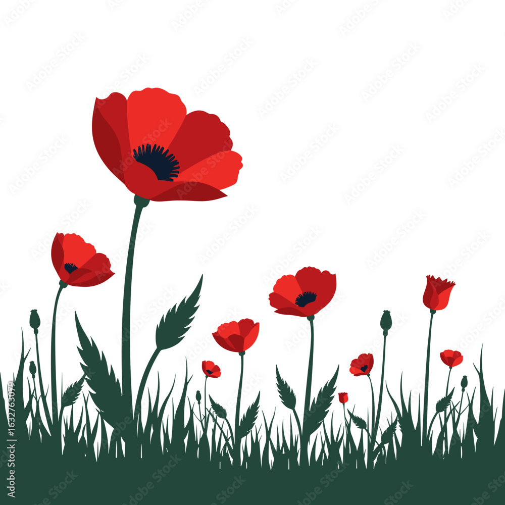 Obraz premium Red poppy flowers growing in a field with green grass on a light background as a symbol of remembrance of those killed in the wars of the 1st and 2nd World Wars