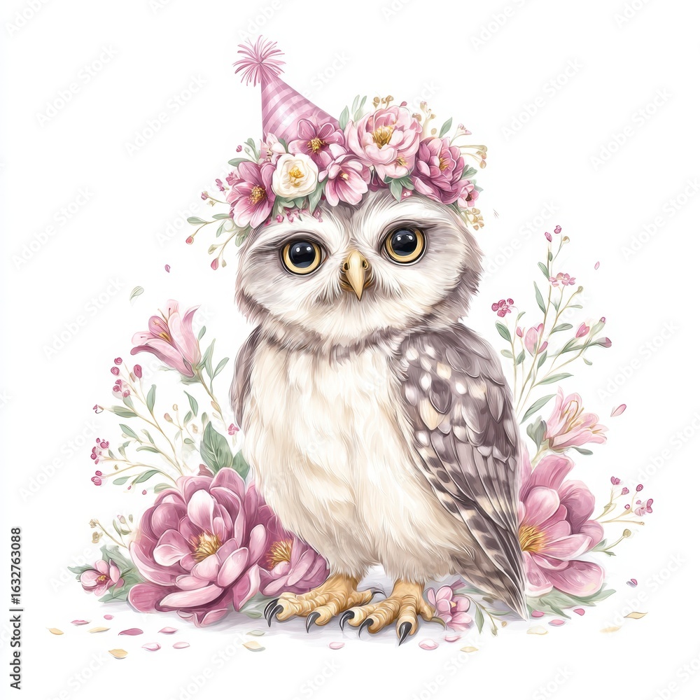 Fototapeta premium Cute baby owl wearing a floral crown and birthday hat, looking forward with pastel colors on a white background