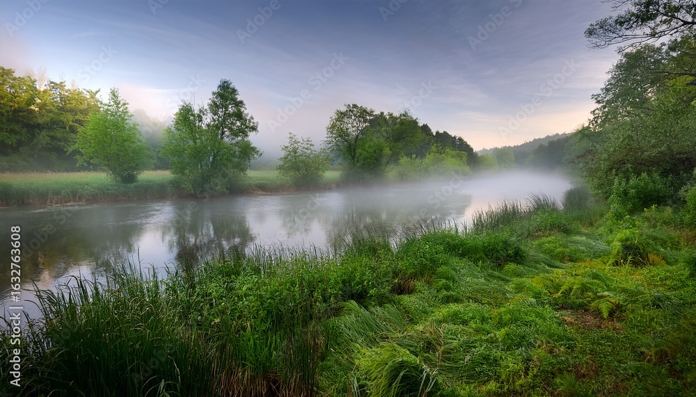 Obraz premium this serene landscape features a tranquil river surrounded by mist and lush greenery evoking feelings of peace and solitude in natures beauty