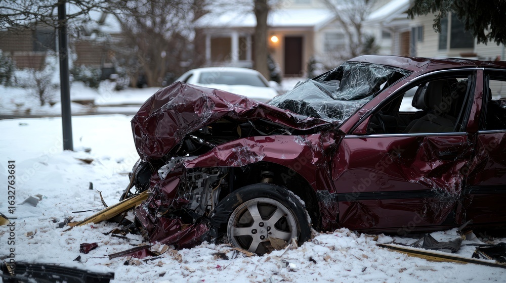 Fototapeta premium A maroon car is severely damaged after a collision, sitting in the snow near a residential area.