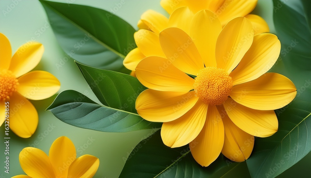 Fototapeta premium bright yellow flowers with green leaves on soft background