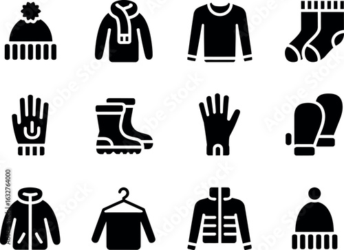 Vector winter clothing icons: stylish black glyph set