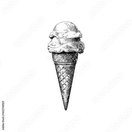 Engraving style illustration of ice cream cone with scoops in black and white on transparent background – Dessert vector for summer ads, packaging designs, and food branding