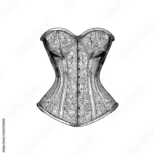 Engraving style illustration of lace corset in black and white on transparent background – Fashion vector for vintage clothing prints, historical costume designs, and lingerie packaging