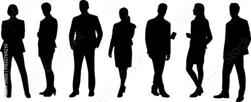 Silhouettes of Business People in Formal Attire, Standing Poses, Corporate Team, Office Staff, Leadership, Collaboration, Isolated on White Background
