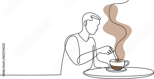 Minimalist coffee art man stirring coffee cup line art vector art