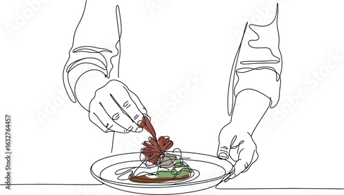 Chef plating food gourmet cuisine culinary art single line drawing