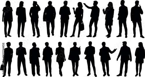 Silhouette of Diverse Business Professionals Standing and Interacting, Corporate Teamwork, Office Communication, Formal Attire, Isolated on White Background, Collaboration Concept