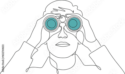 Continuous line art of person looking through binoculars search