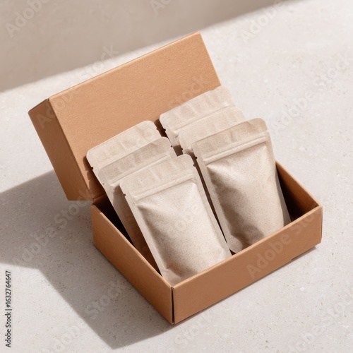 Brown Paper Packages in Cardboard Box on Light Background