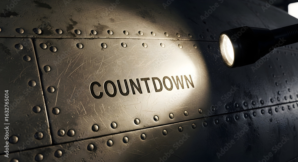 Obraz premium Industrial Countdown Illuminated Under Spotlight On Riveted Metal Plate Surface