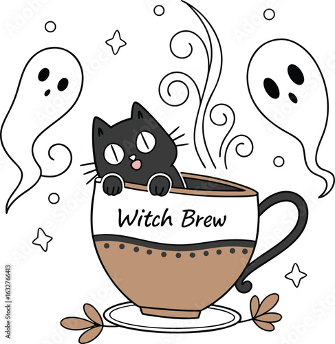 Cute cartoon vector illustration of a kitten in a cup of coffee and a teacup with a heart design